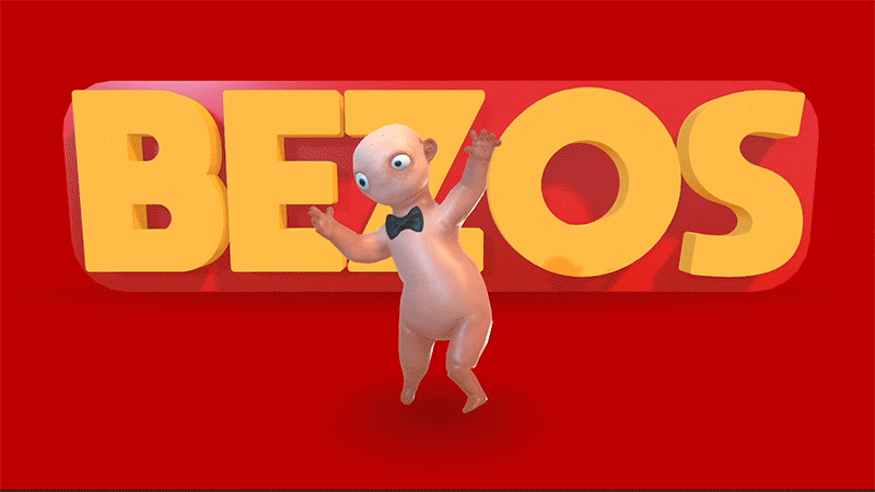 Dancing animated character from the viideogame "Eat The Rich". Pictured is an animated dancing figure with uncanny anatomy in the middle of the image in front of a pulsating sign that reads BEZOS. Occasionally two other figures pop in from the lower corners.
