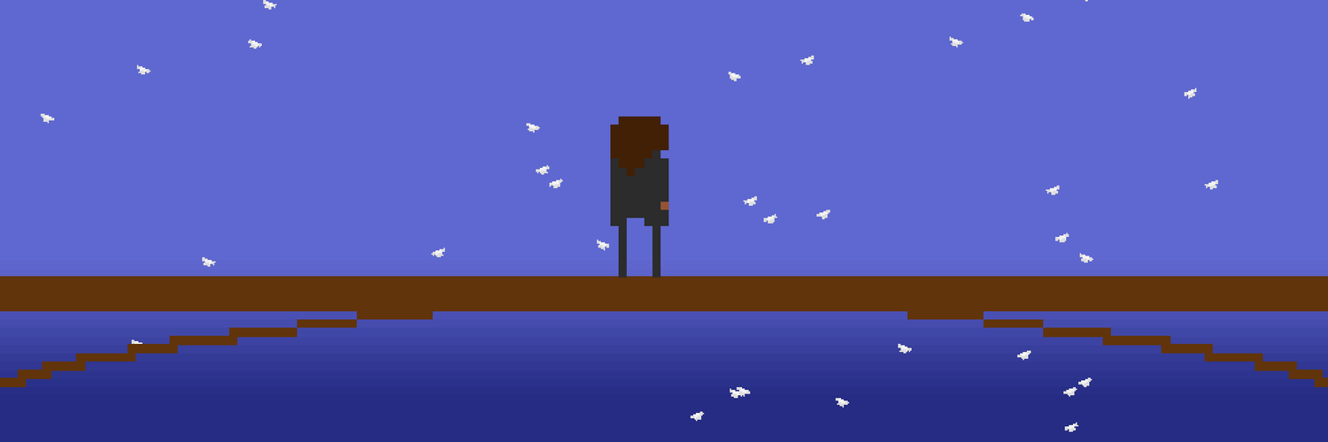 screen capture from the game Patient Rituals: Bridge depicting a low resolution figure from the back who is standing on a bridge, there are small things floating in the air around the figure.